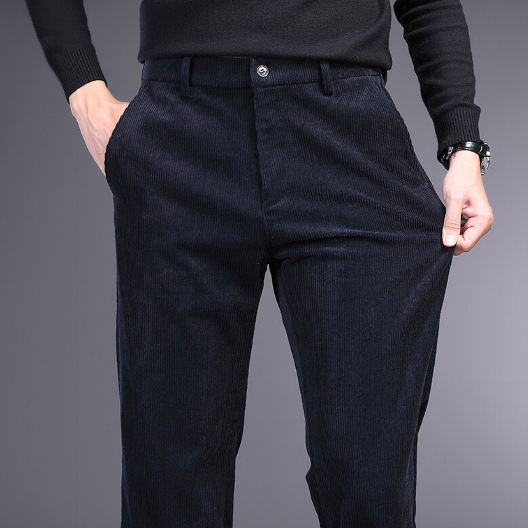 "Men's ultra-soft corduroy trousers with 4-way stretch, deep pockets, ideal for formal wear in black, brown, khaki, or navy."