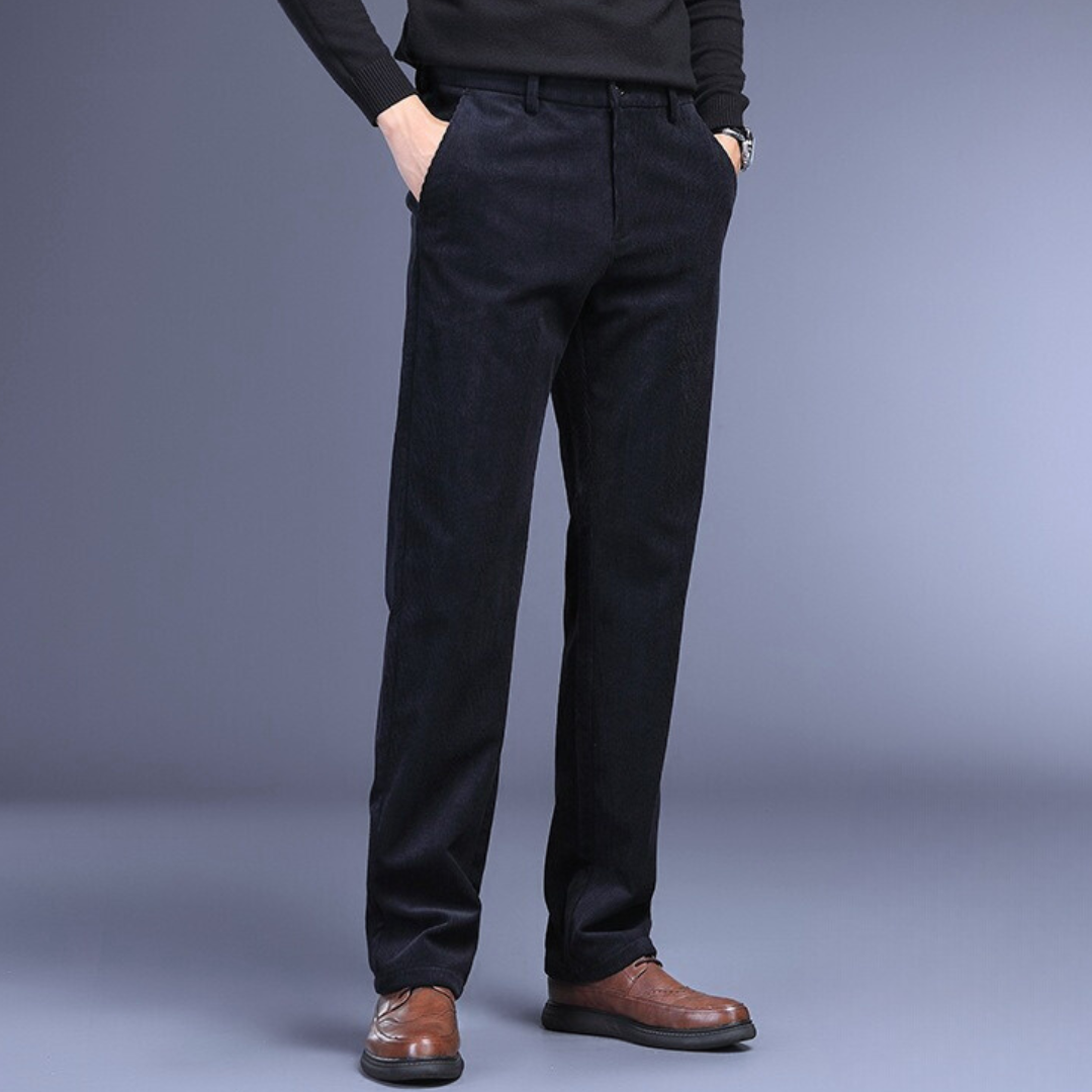 "Men's ultra-soft corduroy trousers with 4-way stretch, deep pockets, ideal for formal wear in black, brown, khaki, or navy."