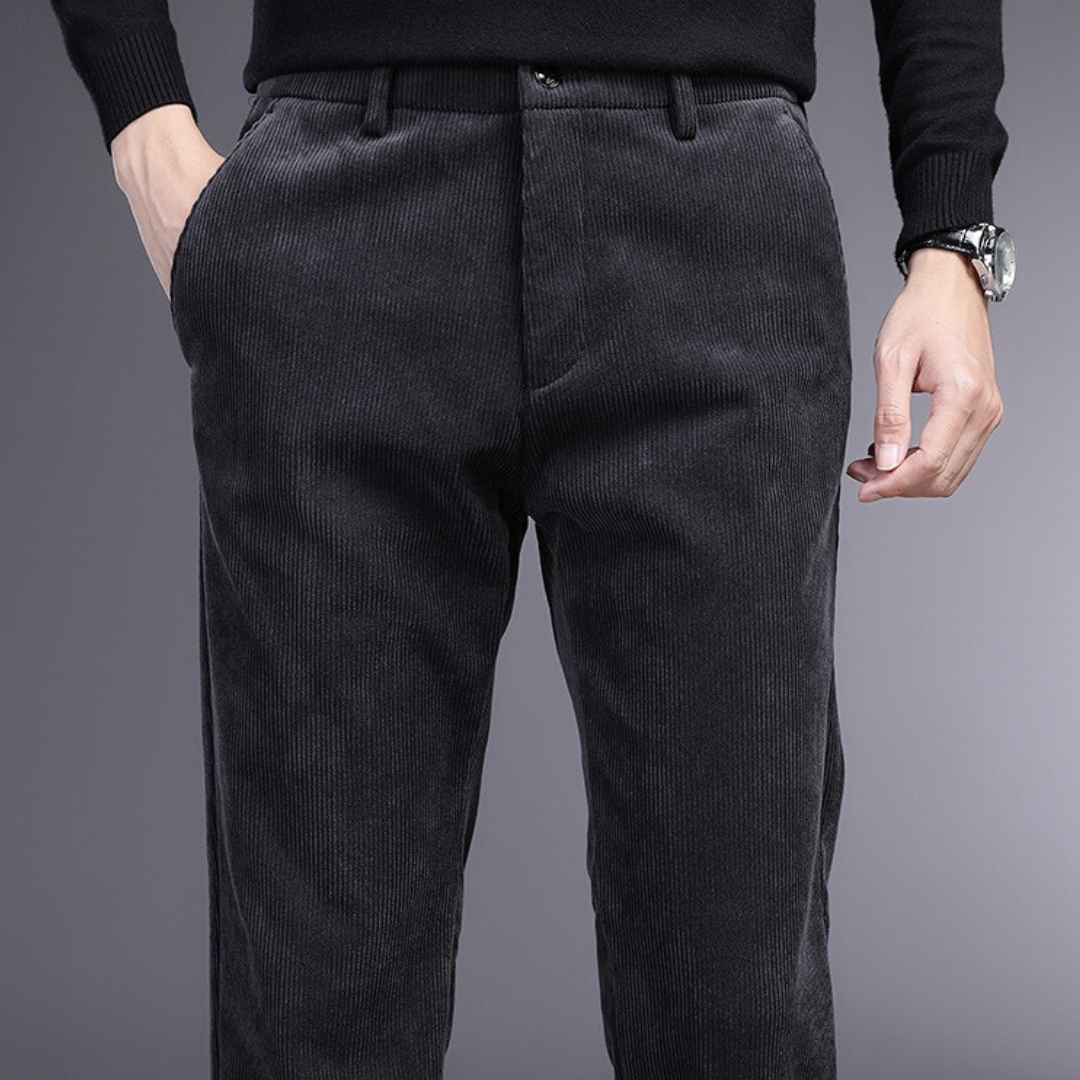 "Men's ultra-soft corduroy trousers with 4-way stretch, deep pockets, ideal for formal wear in black, brown, khaki, or navy."