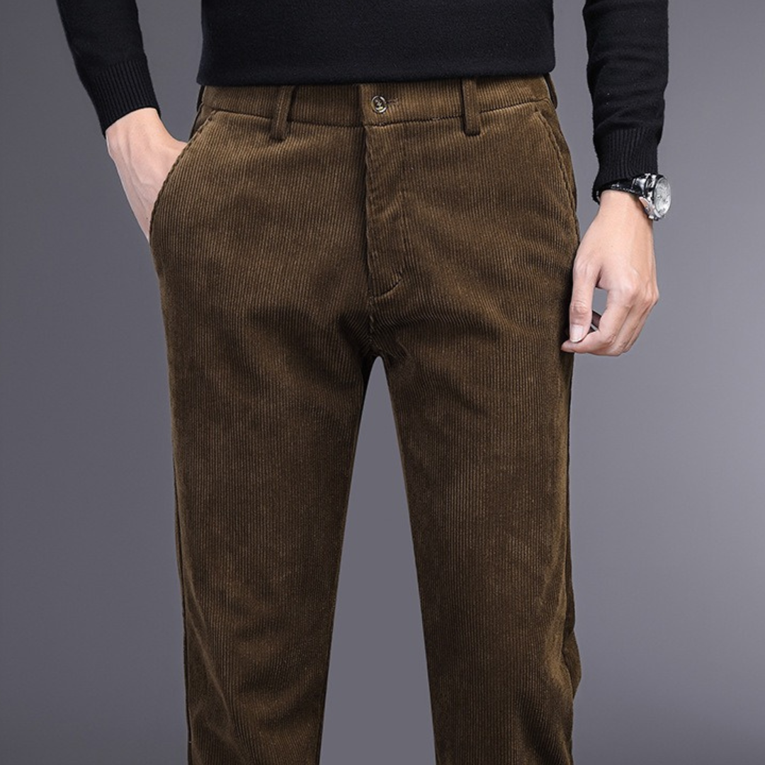 "Men's ultra-soft corduroy trousers with 4-way stretch, deep pockets, ideal for formal wear in black, brown, khaki, or navy."