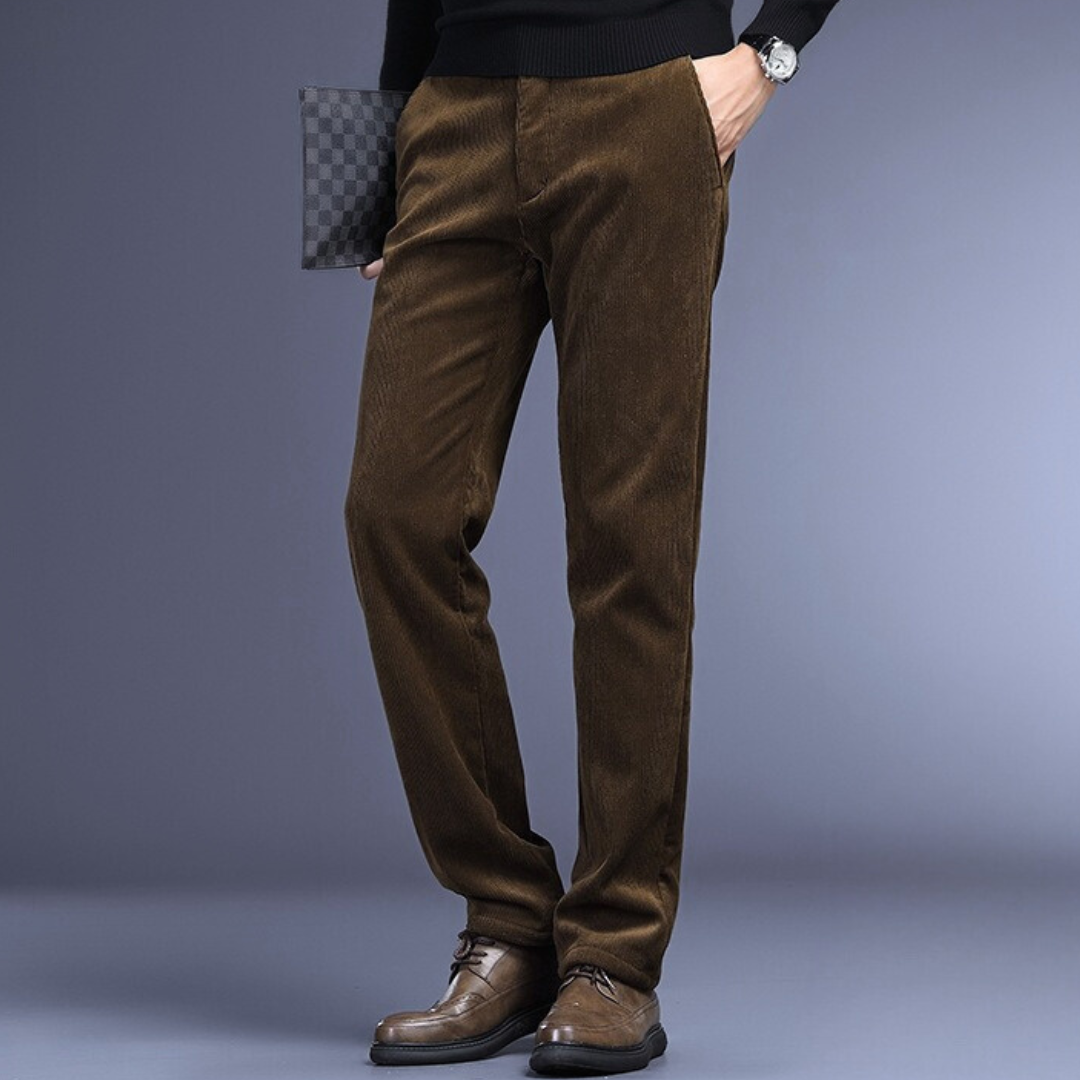 "Men's ultra-soft corduroy trousers with 4-way stretch, deep pockets, ideal for formal wear in black, brown, khaki, or navy."