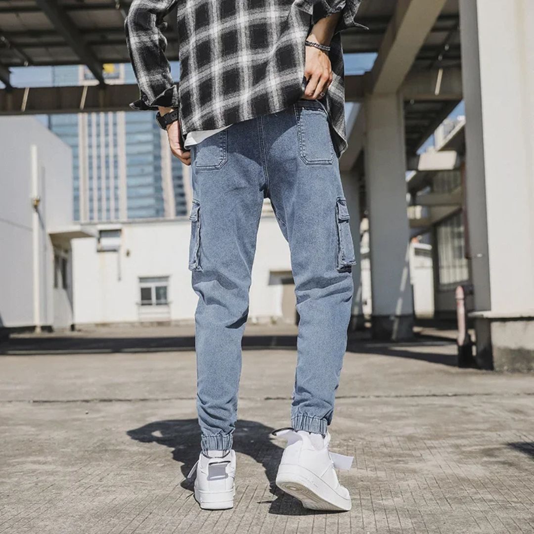 Men's Utility Denim Joggers with Pockets, soft denim, elastic waistband, multiple pockets, versatile casual streetwear pants.