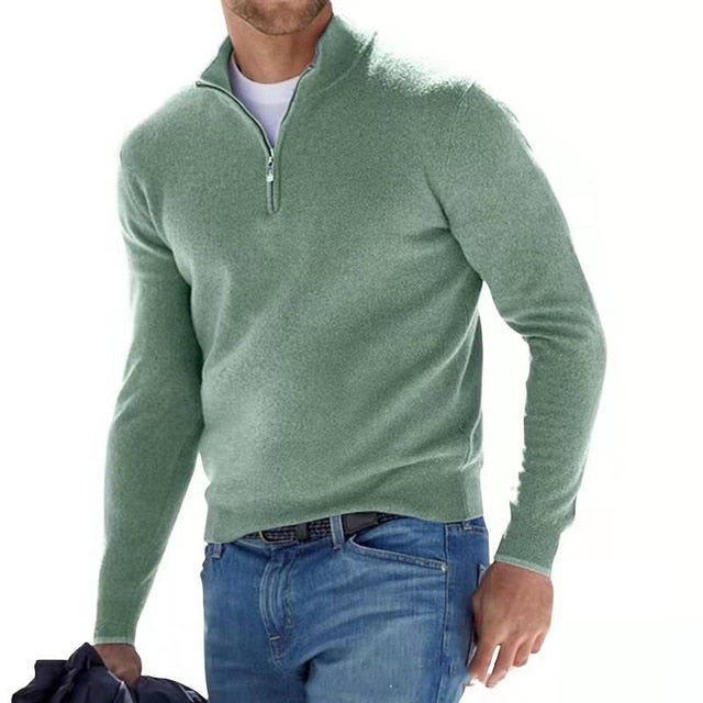 "Men's V-neck sweater in faux merino wool, featuring a stylish zipper detail, perfect for casual and semi-formal wear."