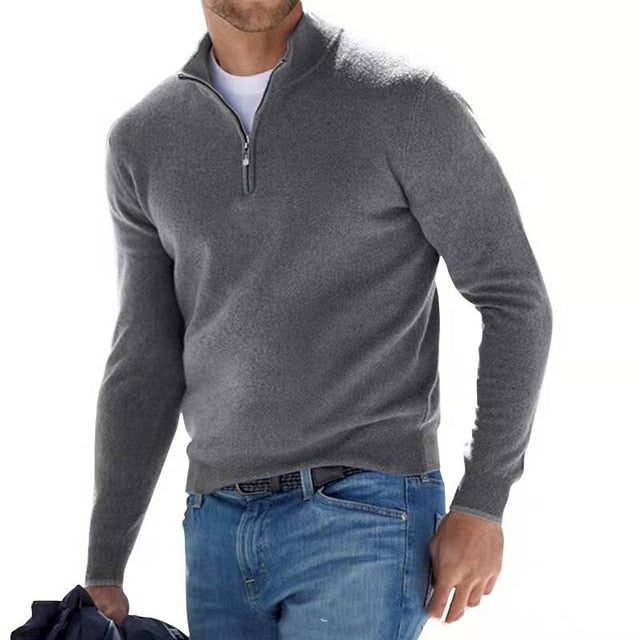 "Men's V-neck sweater in faux merino wool, featuring a stylish zipper detail, perfect for casual and semi-formal wear."