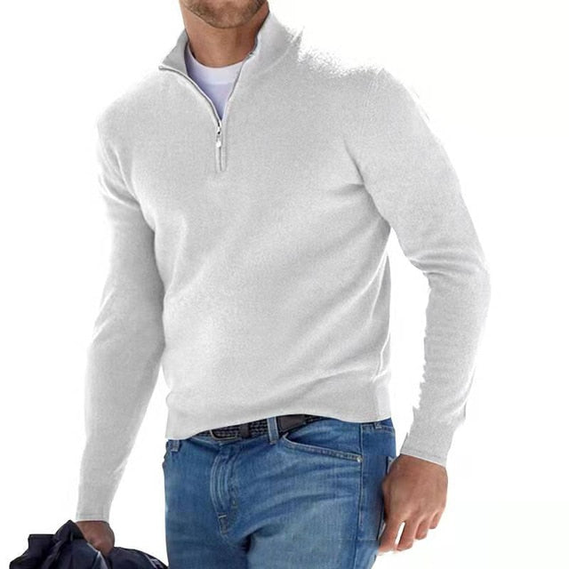 "Men's V-neck sweater in faux merino wool, featuring a stylish zipper detail, perfect for casual and semi-formal wear."