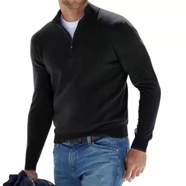 "Men's V-neck sweater in faux merino wool, featuring a stylish zipper detail, perfect for casual and semi-formal wear."
