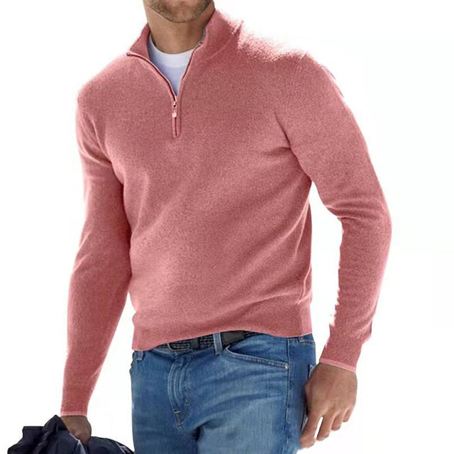 "Men's V-neck sweater in faux merino wool, featuring a stylish zipper detail, perfect for casual and semi-formal wear."