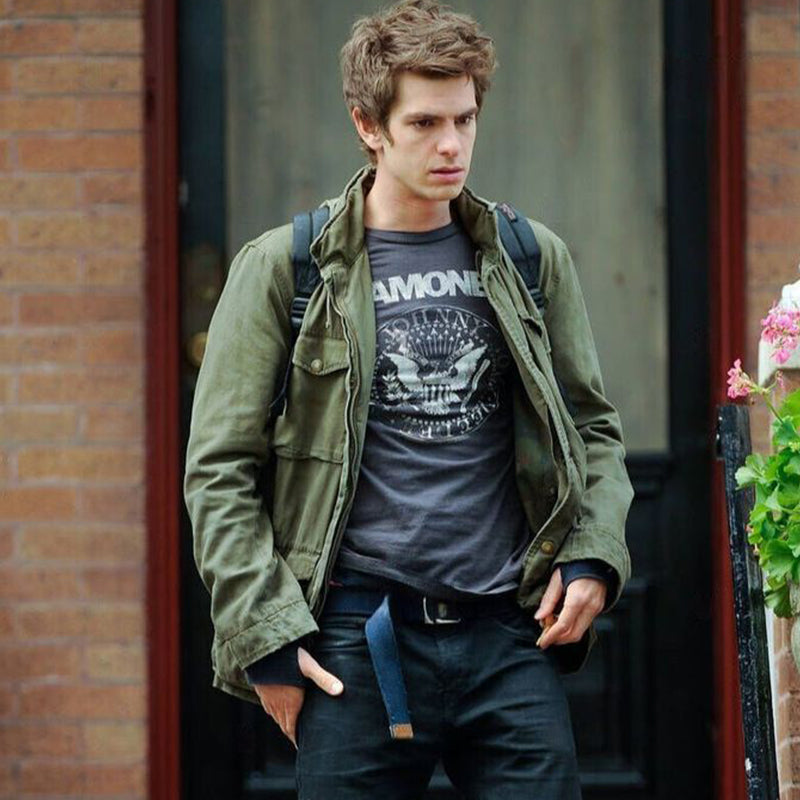 "Men's vintage military jacket with hidden hood, snap-button cargo pockets, wind-resistant, rugged style."