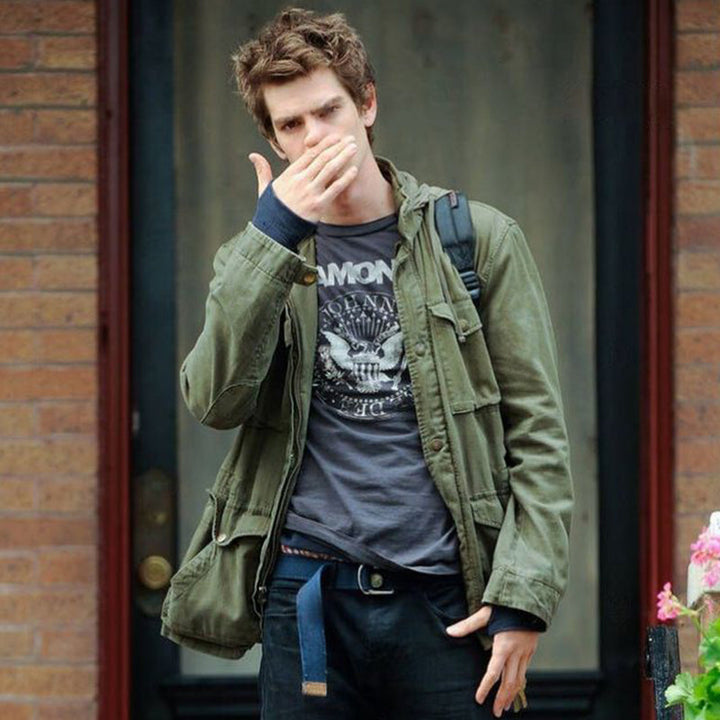 "Men's vintage military jacket with hidden hood, snap-button cargo pockets, wind-resistant, rugged style."