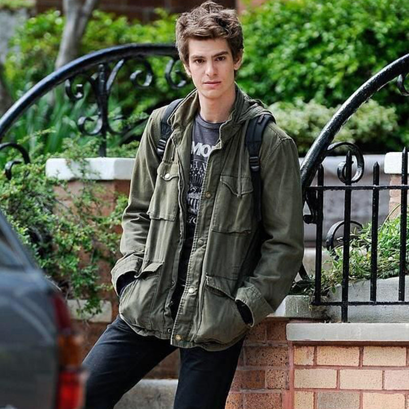 "Men's vintage military jacket with hidden hood, snap-button cargo pockets, wind-resistant, rugged style."