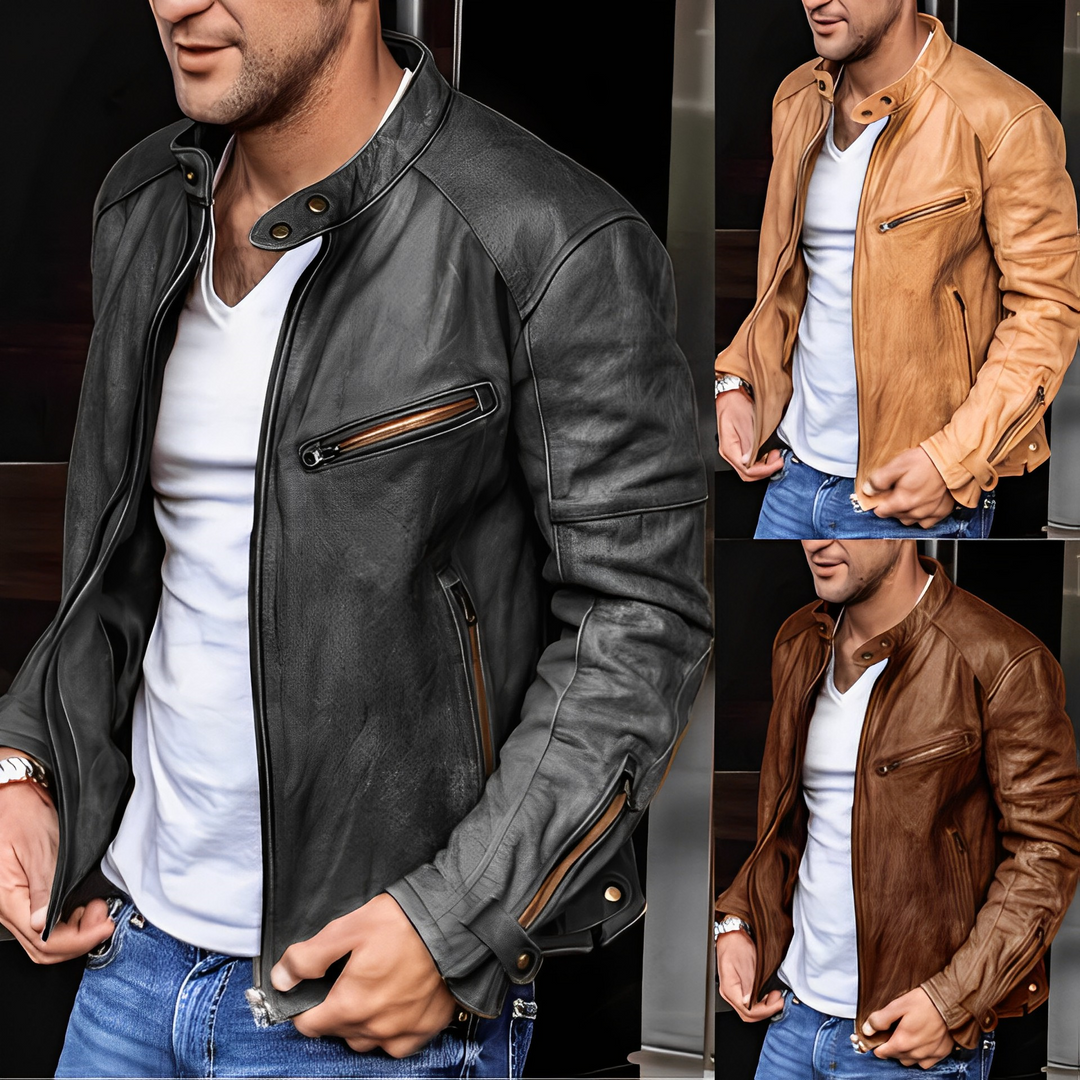 Men's vintage stand-up collar jacket, black PU leather, retro style, stylish for casual outings and outdoor adventures.