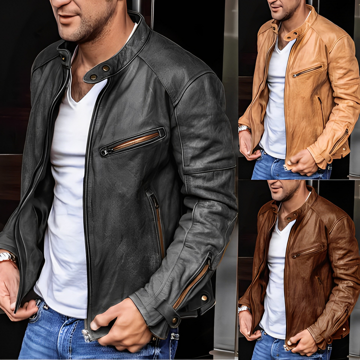 Men's vintage stand-up collar jacket, black PU leather, retro style, stylish for casual outings and outdoor adventures.