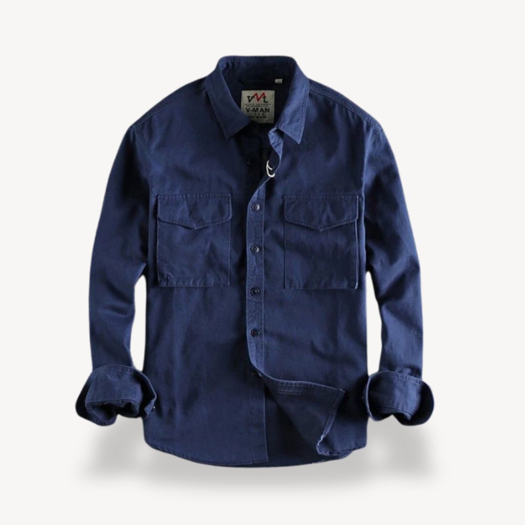 "Men's washed cotton cargo work shirt with pockets, in classic blue, featuring two chest pockets and durable stitching."