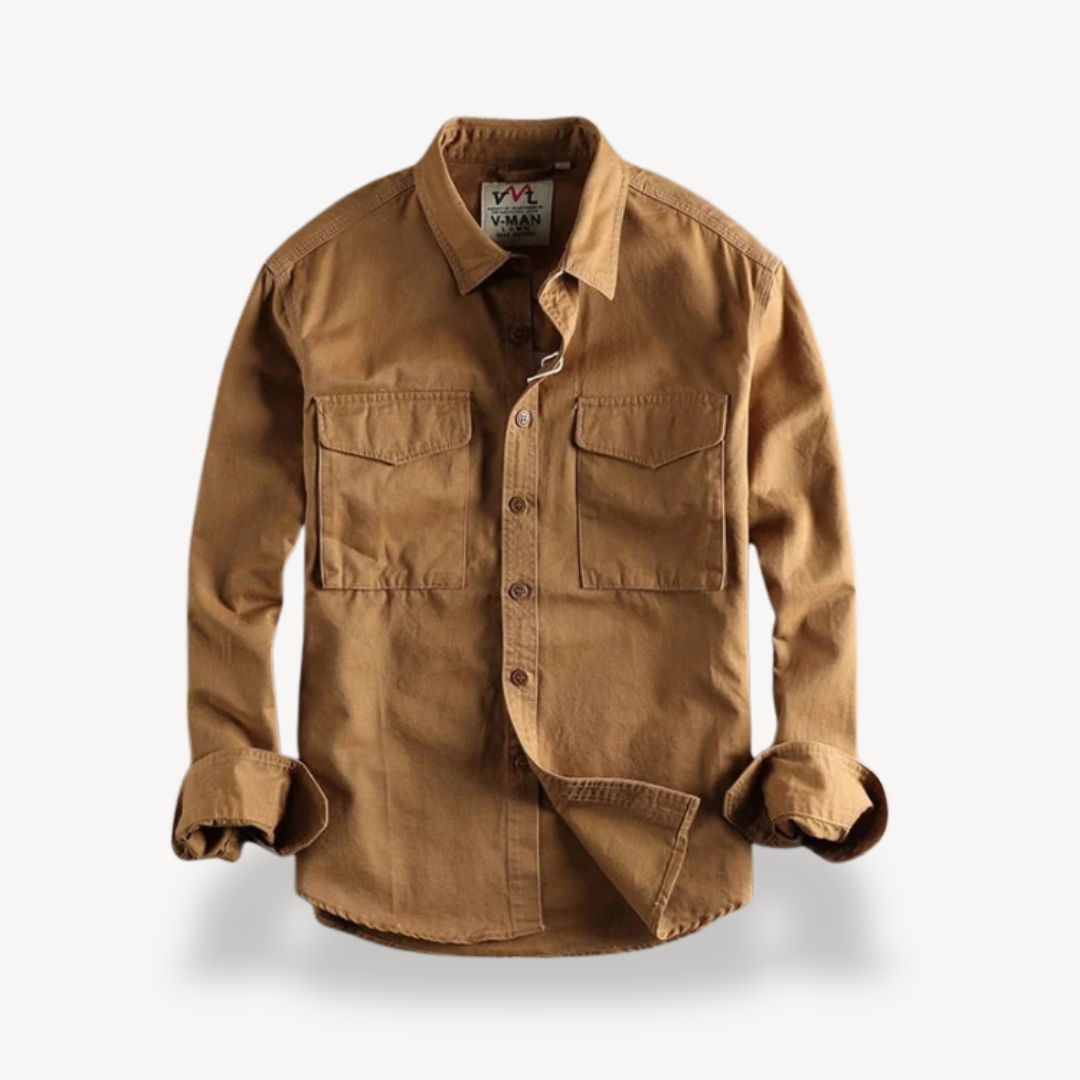 "Men's washed cotton cargo work shirt with pockets, in classic blue, featuring two chest pockets and durable stitching."