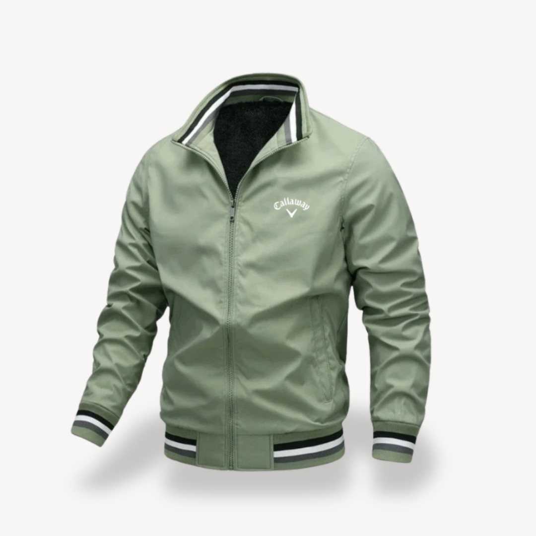 Men's water-resistant golf jacket windbreaker with sleek design, ribbed hem, and full-zip closure, suitable for outdoor wear.