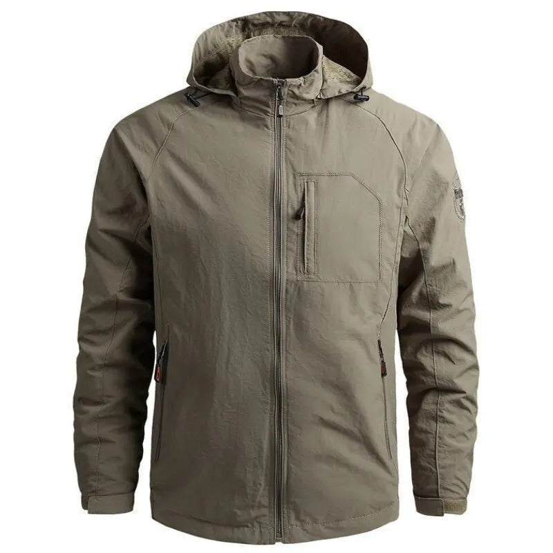 "Men's waterproof breathable cargo summer jacket with multiple pockets, perfect for outdoor adventures and summer showers."