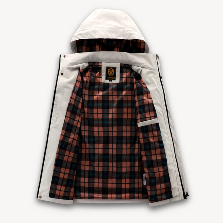 Men's waterproof hooded summer jacket in four colors, front view showing detachable hood and sleek design features.