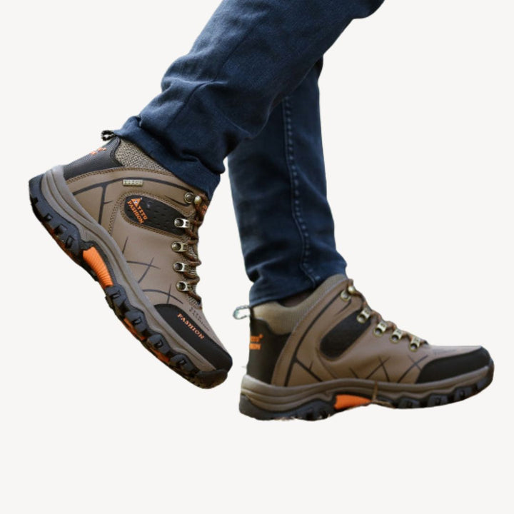 "Men's waterproof orthopedic hiking boots available in black, brown, green, and gray, tailored for comfort and durability."
