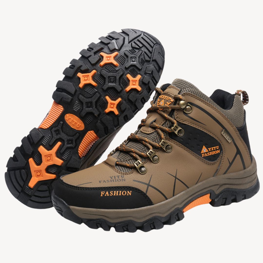 "Men's waterproof orthopedic hiking boots available in black, brown, green, and gray, tailored for comfort and durability."