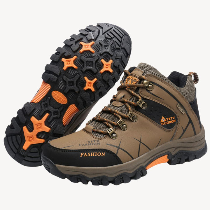 "Men's waterproof orthopedic hiking boots available in black, brown, green, and gray, tailored for comfort and durability."