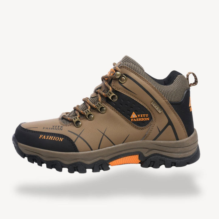 "Men's waterproof orthopedic hiking boots available in black, brown, green, and gray, tailored for comfort and durability."