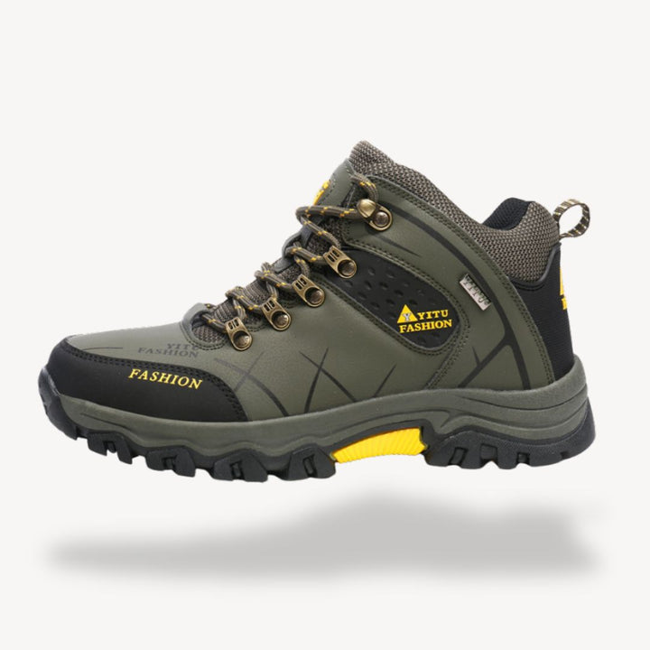 "Men's waterproof orthopedic hiking boots available in black, brown, green, and gray, tailored for comfort and durability."