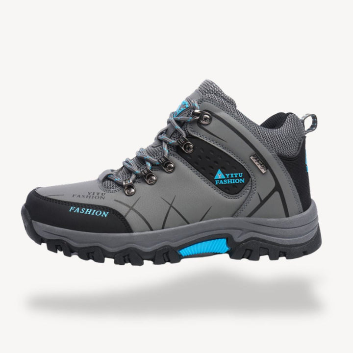 "Men's waterproof orthopedic hiking boots available in black, brown, green, and gray, tailored for comfort and durability."