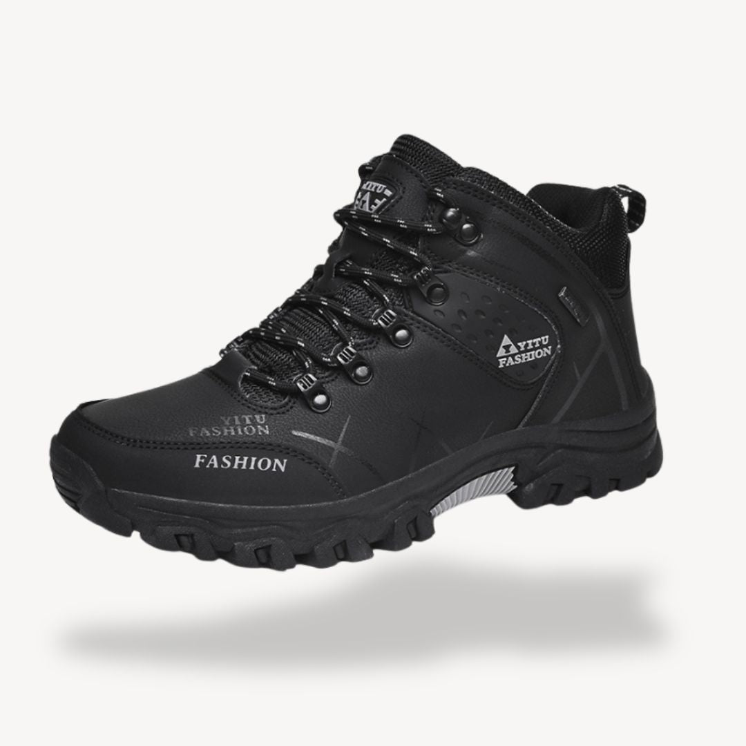 "Men's waterproof orthopedic hiking boots available in black, brown, green, and gray, tailored for comfort and durability."