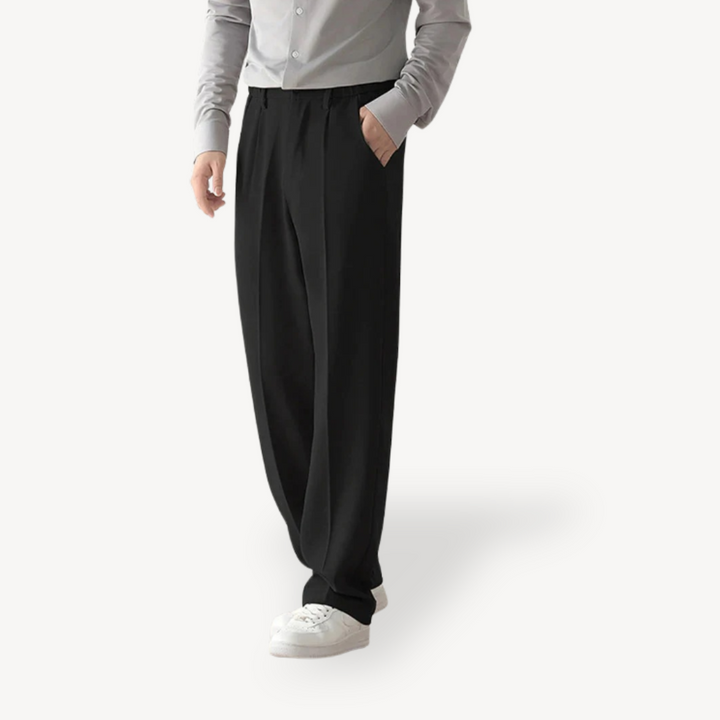 "Men's wide-leg tailored trousers front view in black, showcasing breathable polyester blend and relaxed fit design."