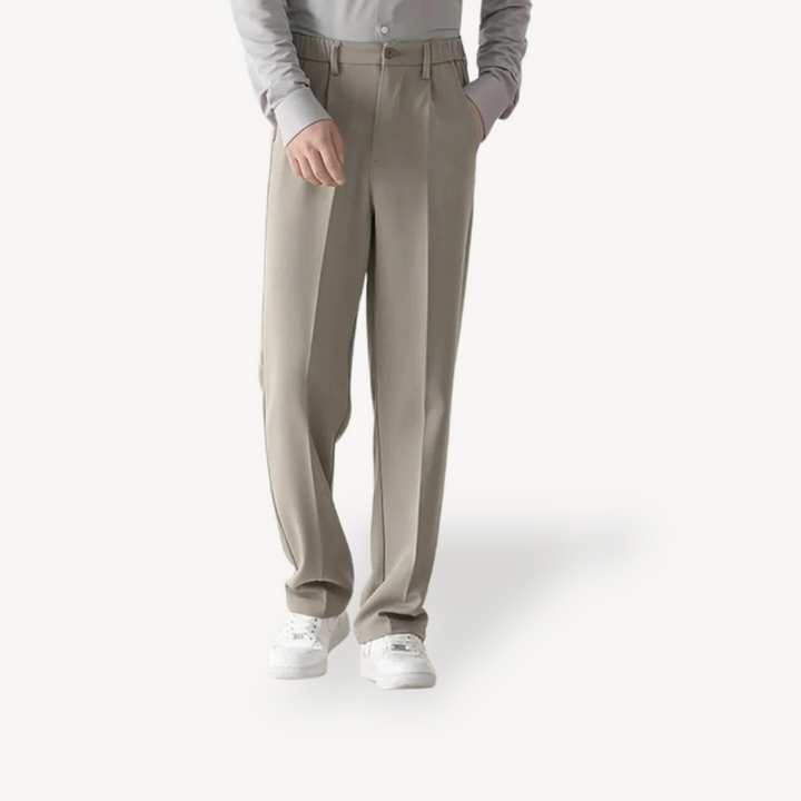 "Men's wide-leg tailored trousers front view in black, showcasing breathable polyester blend and relaxed fit design."