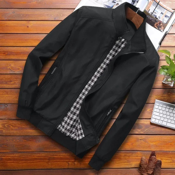 "Men's windproof summer jacket, lightweight, stylish, tailored fit, zip closure, ideal for casual and smart-casual wear."