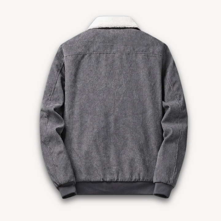 "Men's winter corduroy jacket with sherpa lining, stylish corduroy exterior, and warm accents, front view."