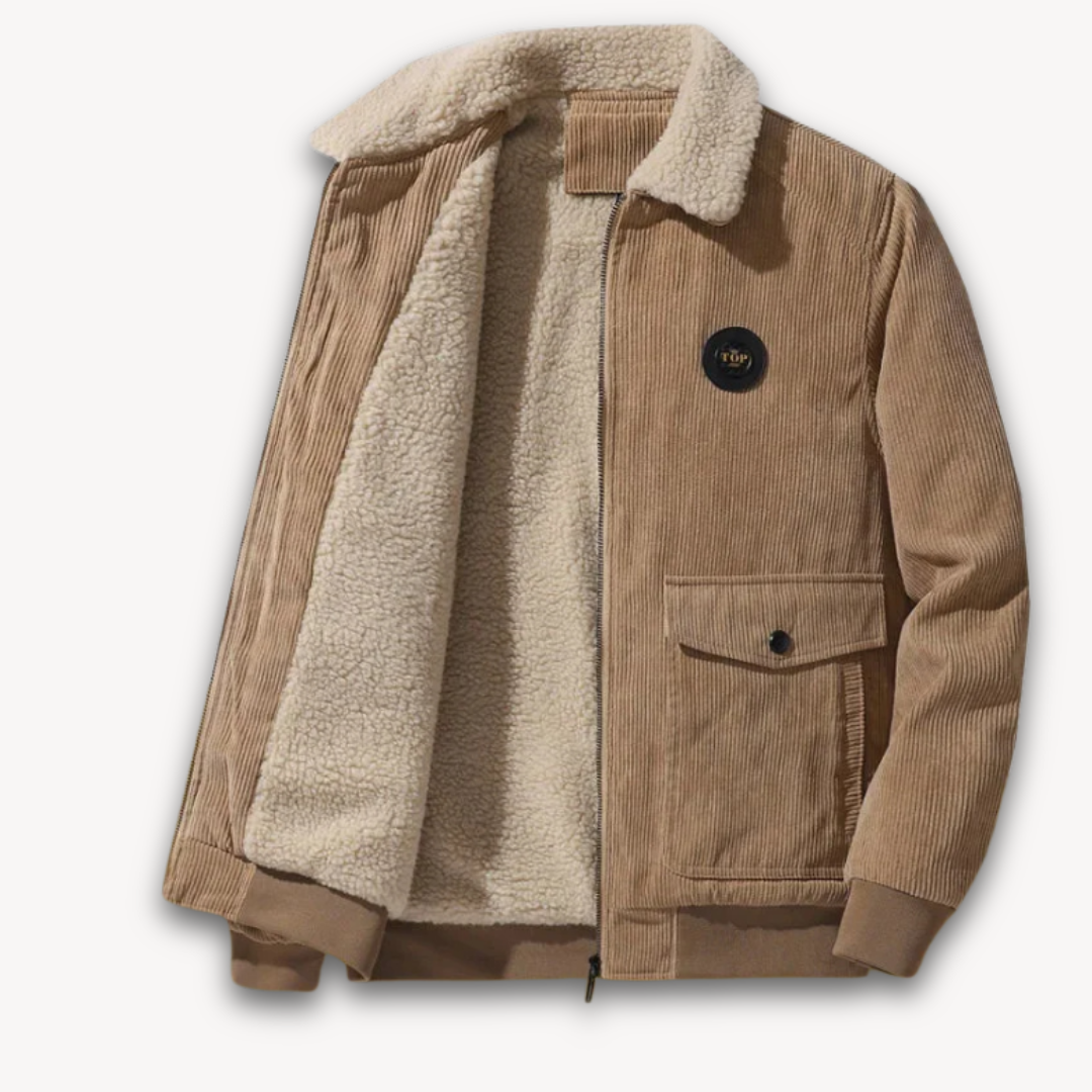 "Men's winter corduroy jacket with sherpa lining, stylish corduroy exterior, and warm accents, front view."