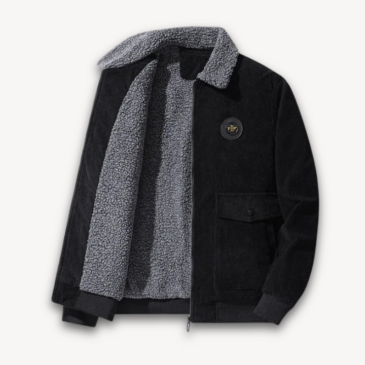 "Men's winter corduroy jacket with sherpa lining, stylish corduroy exterior, and warm accents, front view."