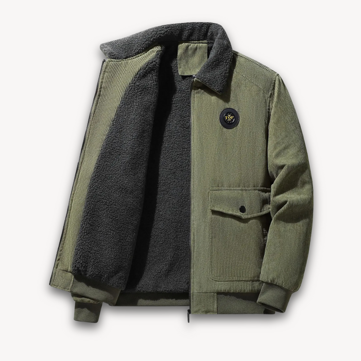 "Men's winter corduroy jacket with sherpa lining, stylish corduroy exterior, and warm accents, front view."