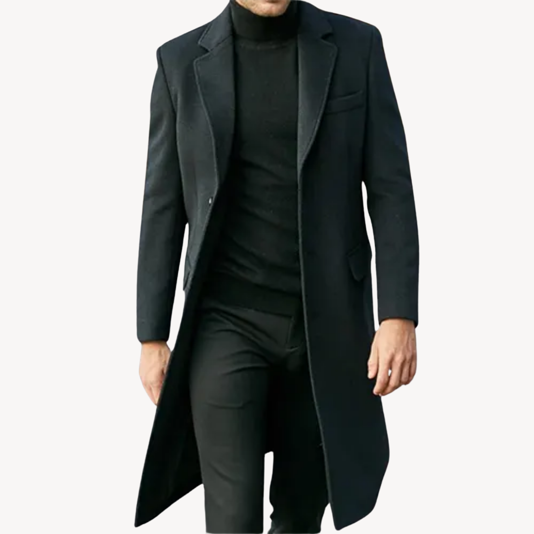 Men's wool overcoat, elegant long coat. Front view shows sleek fit, secure button closure, versatile color for cold weather.