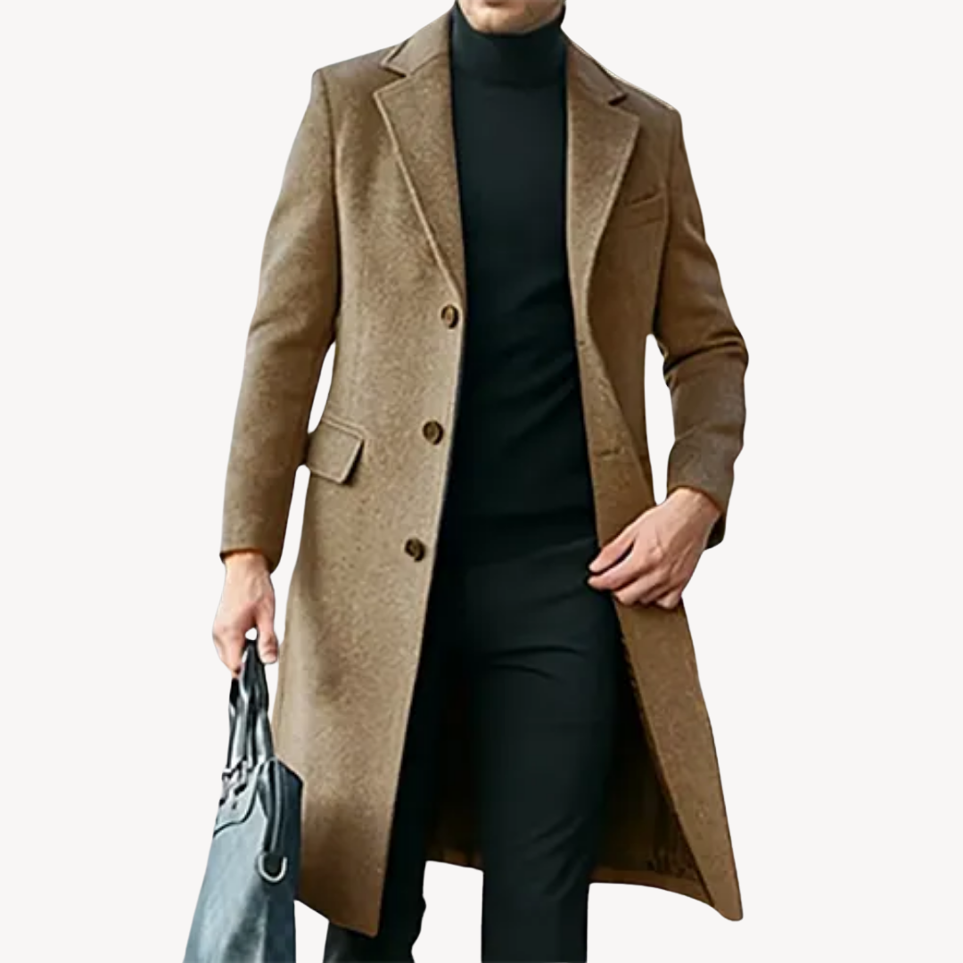 Men's wool overcoat, elegant long coat. Front view shows sleek fit, secure button closure, versatile color for cold weather.