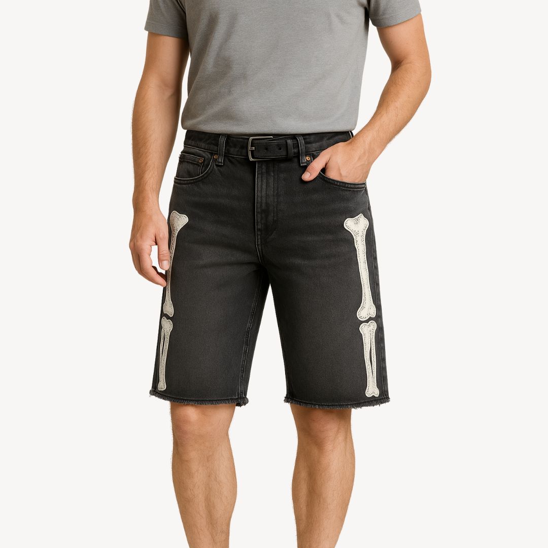 "Men's Y2K Graphic Bermuda Shorts with retro graffiti prints, breathable cotton, streetwear style, vibrant and bold design."