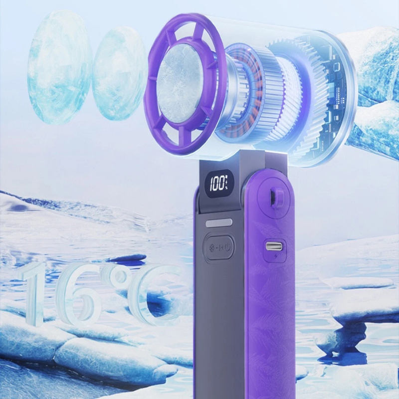 Mini handheld folding rechargeable fan, portable desk or neck use, compact and sleek design offers powerful, quiet cooling.