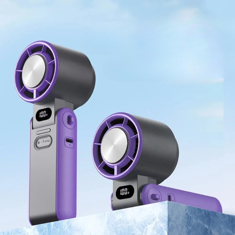 Mini handheld folding rechargeable fan, portable desk or neck use, compact and sleek design offers powerful, quiet cooling.