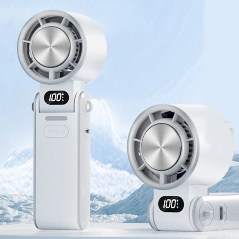 Mini handheld folding rechargeable fan, portable desk or neck use, compact and sleek design offers powerful, quiet cooling.