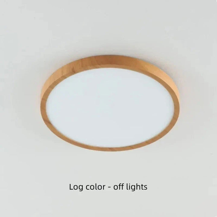 "Modern Circular Ultrathin Wooden LED Ceiling Light with natural or walnut finish, sleek 2.5 cm thick design, 30-40 cm size."