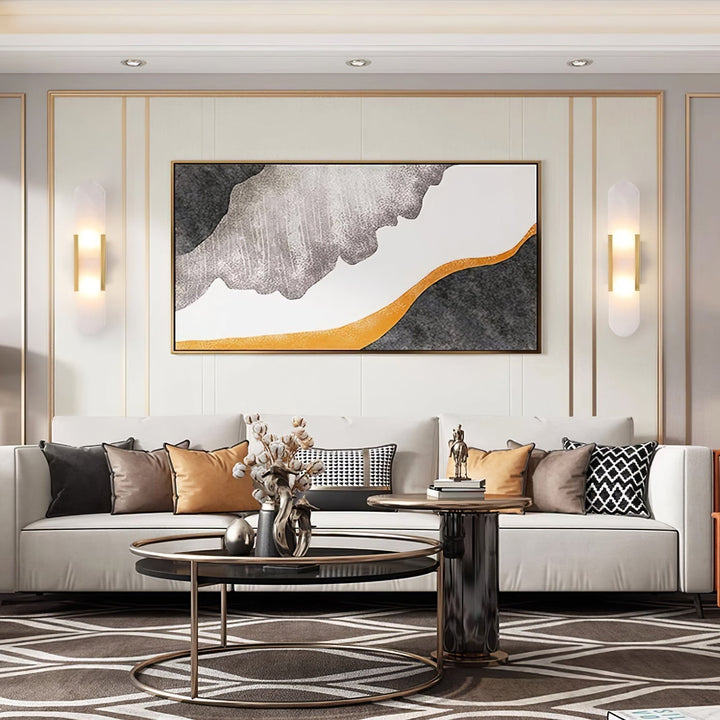 "Modern elongated alabaster wall lamp with metal and brass accents, emits warm glow, suitable for chic interior decor."