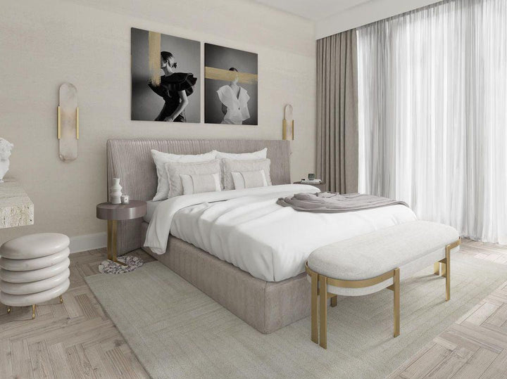 "Modern elongated alabaster wall lamp with metal and brass accents, emits warm glow, suitable for chic interior decor."