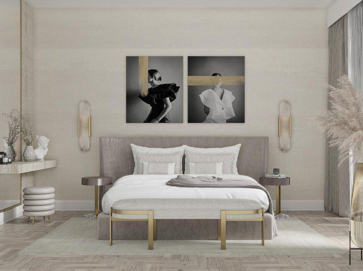 "Modern elongated alabaster wall lamp with metal and brass accents, emits warm glow, suitable for chic interior decor."