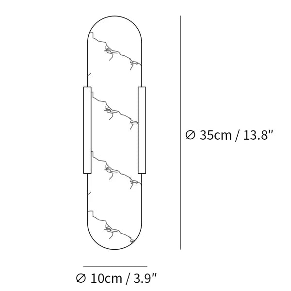 "Modern elongated alabaster wall lamp with metal and brass accents, emits warm glow, suitable for chic interior decor."