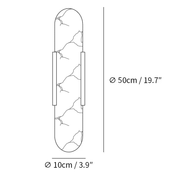 "Modern elongated alabaster wall lamp with metal and brass accents, emits warm glow, suitable for chic interior decor."