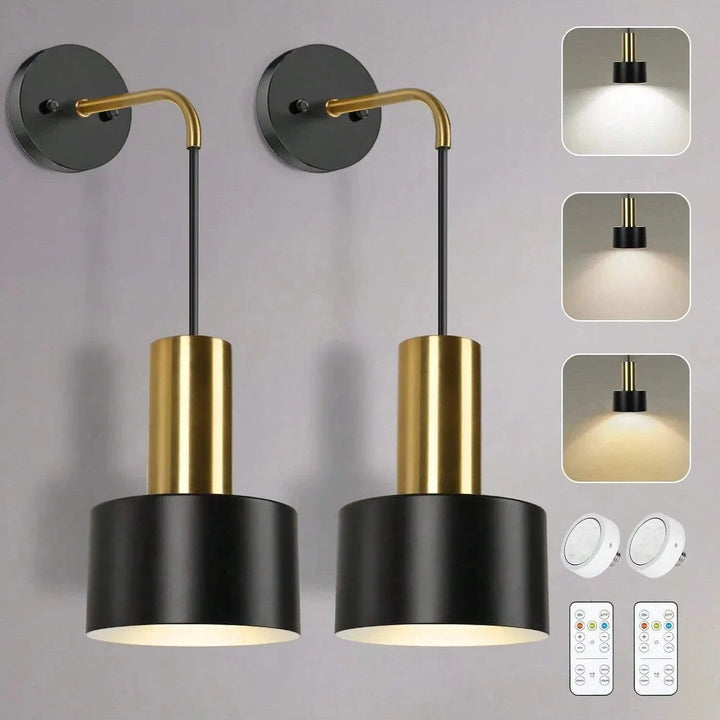 "Modern gold and black battery wall lamp with remote control, enhancing indoor ambiance with adjustable brightness levels."