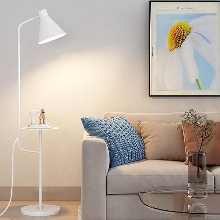 "Modern LED Macaron Floor Lamp with central tray, sleek metal and marble design, available in multiple colors for stylish lig