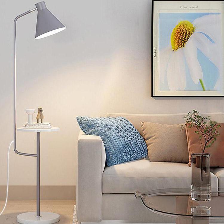 "Modern LED Macaron Floor Lamp with central tray, sleek metal and marble design, available in multiple colors for stylish lig